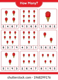 Counting game, how many Ice Cream. Educational children game, printable worksheet, vector illustration