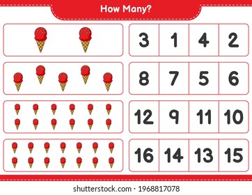 Counting game, how many Ice Cream. Educational children game, printable worksheet, vector illustration