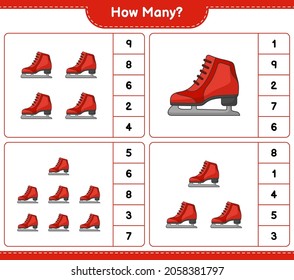 Contando el juego, cuántos patines de hielo. Juego infantil educativo, hoja de cálculo imprimible, ilustración vectorial