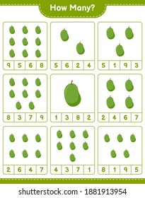 Contando el juego, cuántos Jackfruit. Juego infantil educativo, hoja de cálculo imprimible, ilustración vectorial