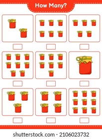 Counting game, how many Jam. Educational children game, printable worksheet, vector illustration