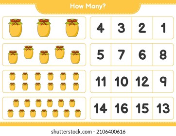 Counting game, how many Jam. Educational children game, printable worksheet, vector illustration