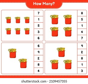 Contando el juego, cuántos Jam. Juego infantil educativo, hoja de cálculo imprimible, ilustración vectorial