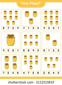 Contando el juego, cuántos Jam. Juego infantil educativo, hoja de cálculo imprimible, ilustración vectorial