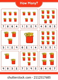 Contando el juego, cuántos Jam. Juego infantil educativo, hoja de cálculo imprimible, ilustración vectorial