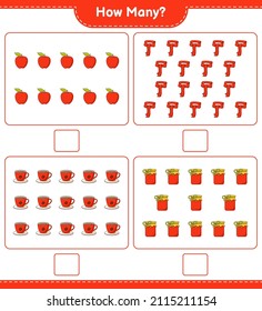 Counting game, how many Jam, Coffee Cup, Apple, and Scarf. Educational children game, printable worksheet, vector illustration