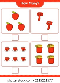 Counting game, how many Jam, Coffee Cup, Apple, and Scarf. Educational children game, printable worksheet, vector illustration