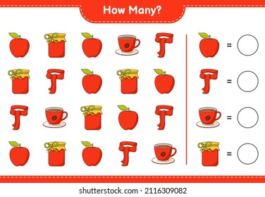 Counting game, how many Jam, Coffee Cup, Apple, and Scarf. Educational children game, printable worksheet, vector illustration