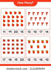 Juego de conteo, cuántas mermeladas, Copa de Café, Apple y Scarf. Juego infantil educativo, hoja de cálculo imprimible, ilustración vectorial