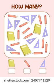 counting game how many for kids with stationery illustration