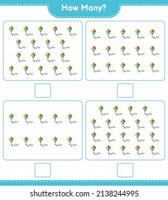 Contando el juego, cuántos Kite. Juego infantil educativo, hoja de cálculo imprimible, ilustración vectorial