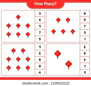 Counting game, how many Kite. Educational children game, printable worksheet, vector illustration