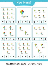 Counting game, how many Kite. Educational children game, printable worksheet, vector illustration