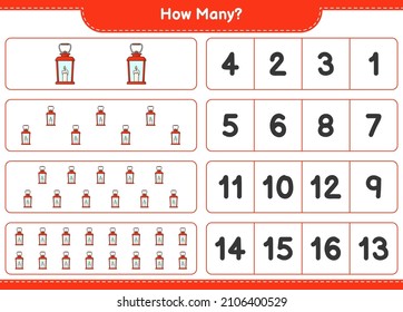 Counting game, how many Lantern. Educational children game, printable worksheet, vector illustration