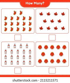 Juego de conteo, cuántas linternas, zócalos, ropa cálida y hojas de arce. Juego infantil educativo, hoja de cálculo imprimible, ilustración vectorial