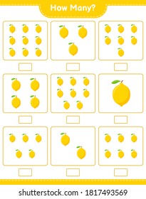 Contando el juego, cuántos limoneros. Juego infantil educativo, hoja de cálculo imprimible, ilustración vectorial