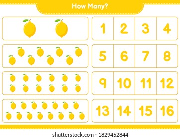 Counting Spiel, wie viele Lemon. Kinderspiel, druckbares Arbeitsblatt, Vektorgrafik