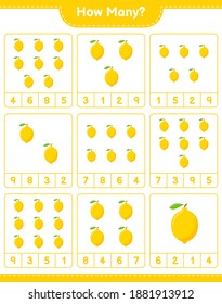 Contando el juego, cuántos limoneros. Juego infantil educativo, hoja de cálculo imprimible, ilustración vectorial