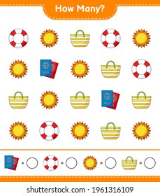 Counting game, how many Lifebuoy, Sun, Beach Bag, and Passport. Educational children game, printable worksheet, vector illustration