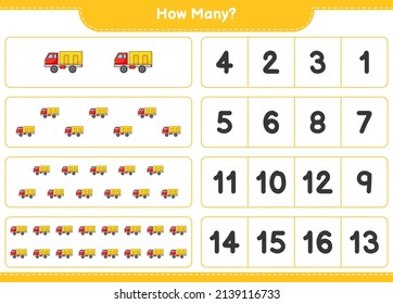 Counting game, how many Lorry. Educational children game, printable worksheet, vector illustration