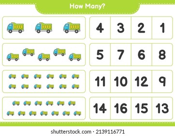 Counting game, how many Lorry. Educational children game, printable worksheet, vector illustration