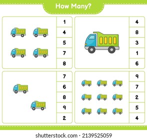 Counting game, how many Lorry. Educational children game, printable worksheet, vector illustration