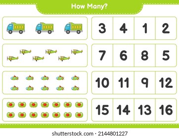 Counting game, how many Lorry, Plane, Submarine, and Pacifier. Educational children game, printable worksheet, vector illustration