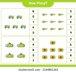 Counting game, how many Lorry, Plane, Submarine, and Pacifier. Educational children game, printable worksheet, vector illustration