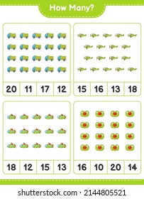 Counting game, how many Lorry, Plane, Submarine, and Pacifier. Educational children game, printable worksheet, vector illustration