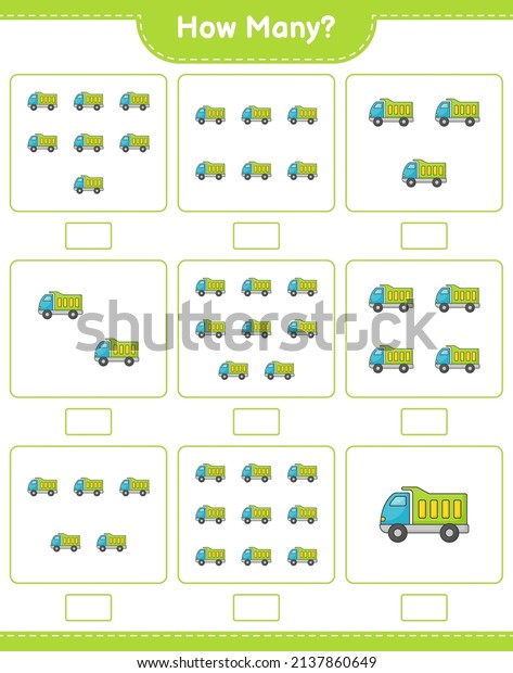 Counting game, how many\
Lorry. Educational children game, printable worksheet, vector\
illustration