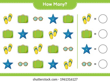 Counting game, how many Luggage, Starfish, Sunglasses, and Flip Flop. Educational children game, printable worksheet, vector illustration