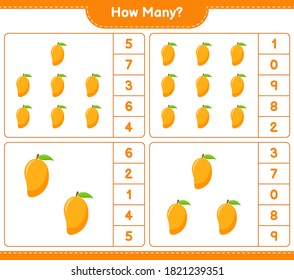 Counting Spiel, wie viele Mango. Kinderspiel, druckbares Arbeitsblatt, Vektorgrafik