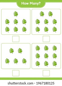 Counting game, how many Monstera. Educational children game, printable worksheet, vector illustration