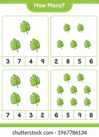 Counting game, how many Monstera. Educational children game, printable worksheet, vector illustration