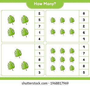 Counting game, how many Monstera. Educational children game, printable worksheet, vector illustration