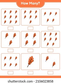Contando el juego, cuántas hojas de roble. Juego infantil educativo, hoja de cálculo imprimible, ilustración vectorial