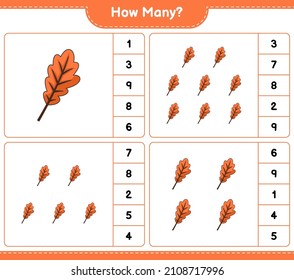 Counting game, how many Oak Leaf. Educational children game, printable worksheet, vector illustration