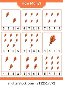 Counting game, how many Oak Leaf. Educational children game, printable worksheet, vector illustration