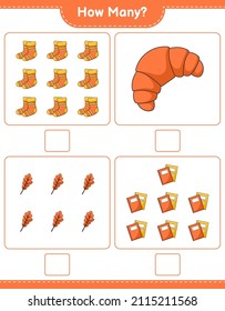 Counting game, how many Oak Leaf, Socks, Book, and Croissant. Educational children game, printable worksheet, vector illustration