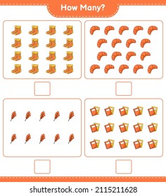 Counting game, how many Oak Leaf, Socks, Book, and Croissant. Educational children game, printable worksheet, vector illustration