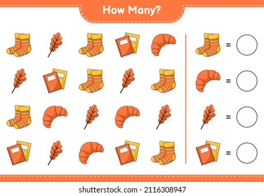 Juego de conteo, cuántas hojas de roble, calcetines, libros y croissant. Juego infantil educativo, hoja de cálculo imprimible, ilustración vectorial