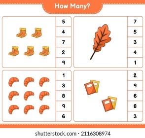 Counting game, how many Oak Leaf, Socks, Book, and Croissant. Educational children game, printable worksheet, vector illustration