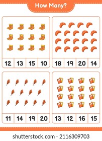 Counting game, how many Oak Leaf, Socks, Book, and Croissant. Educational children game, printable worksheet, vector illustration