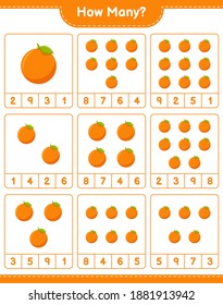 Counting game, how many Orange. Educational children game, printable worksheet, vector illustration