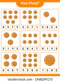 Counting game, how many Orange. Educational children game, printable worksheet, vector illustration