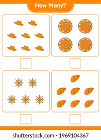 Counting game, how many Orange, Ship Steering Wheel, Sea Shells, and Hat. Educational children game, printable worksheet, vector illustration