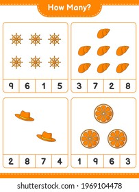 Counting game, how many Orange, Ship Steering Wheel, Sea Shells, and Hat. Educational children game, printable worksheet, vector illustration