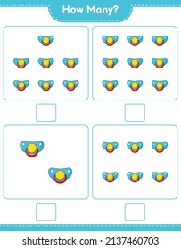 Counting game, how many Pacifier. Educational children game, printable worksheet, vector illustration