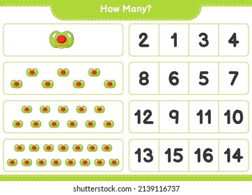Counting game, how many Pacifier. Educational children game, printable worksheet, vector illustration