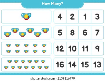 Counting game, how many Pacifier. Educational children game, printable worksheet, vector illustration